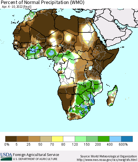Africa Percent of Normal Precipitation (WMO) Thematic Map For 4/4/2022 - 4/10/2022