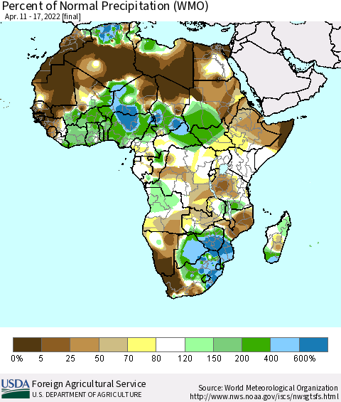 Africa Percent of Normal Precipitation (WMO) Thematic Map For 4/11/2022 - 4/17/2022