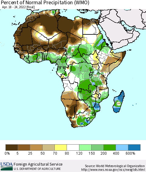 Africa Percent of Normal Precipitation (WMO) Thematic Map For 4/18/2022 - 4/24/2022