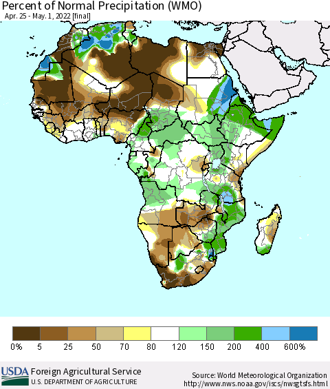 Africa Percent of Normal Precipitation (WMO) Thematic Map For 4/25/2022 - 5/1/2022