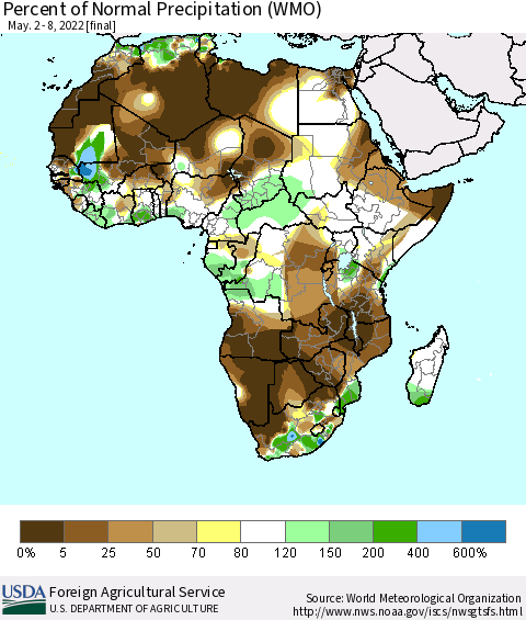 Africa Percent of Normal Precipitation (WMO) Thematic Map For 5/2/2022 - 5/8/2022