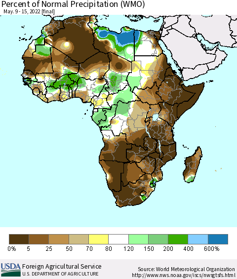 Africa Percent of Normal Precipitation (WMO) Thematic Map For 5/9/2022 - 5/15/2022