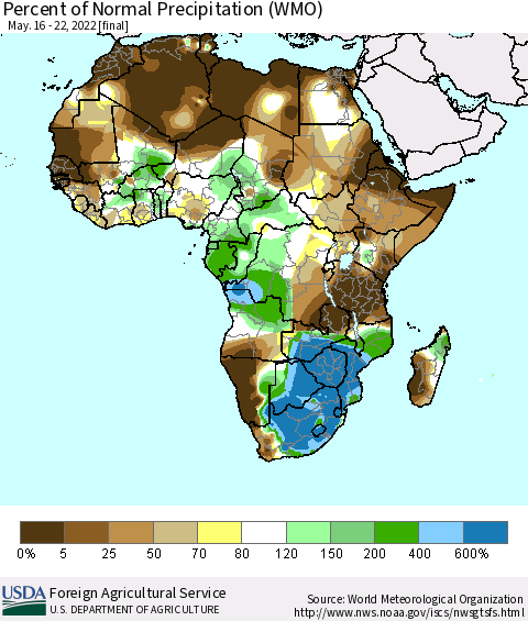 Africa Percent of Normal Precipitation (WMO) Thematic Map For 5/16/2022 - 5/22/2022