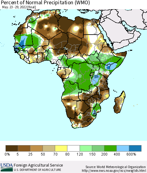 Africa Percent of Normal Precipitation (WMO) Thematic Map For 5/23/2022 - 5/29/2022