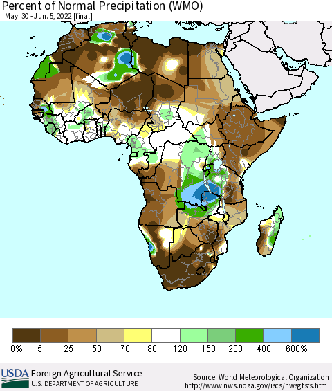 Africa Percent of Normal Precipitation (WMO) Thematic Map For 5/30/2022 - 6/5/2022