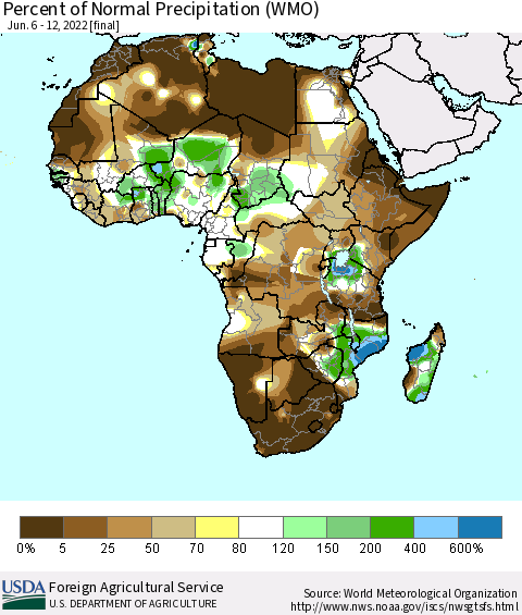 Africa Percent of Normal Precipitation (WMO) Thematic Map For 6/6/2022 - 6/12/2022