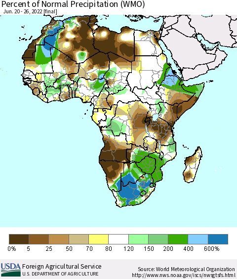 Africa Percent of Normal Precipitation (WMO) Thematic Map For 6/20/2022 - 6/26/2022