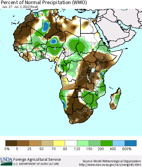 Africa Percent of Normal Precipitation (WMO) Thematic Map For 6/27/2022 - 7/3/2022