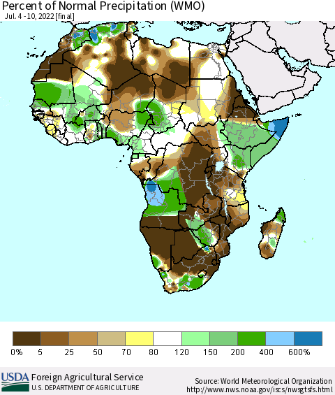 Africa Percent of Normal Precipitation (WMO) Thematic Map For 7/4/2022 - 7/10/2022