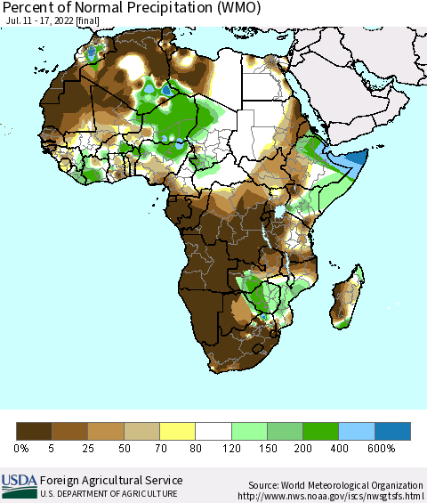 Africa Percent of Normal Precipitation (WMO) Thematic Map For 7/11/2022 - 7/17/2022