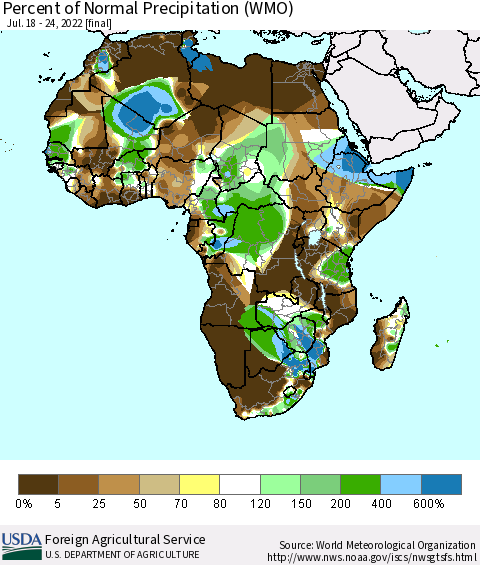 Africa Percent of Normal Precipitation (WMO) Thematic Map For 7/18/2022 - 7/24/2022