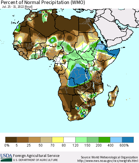 Africa Percent of Normal Precipitation (WMO) Thematic Map For 7/25/2022 - 7/31/2022