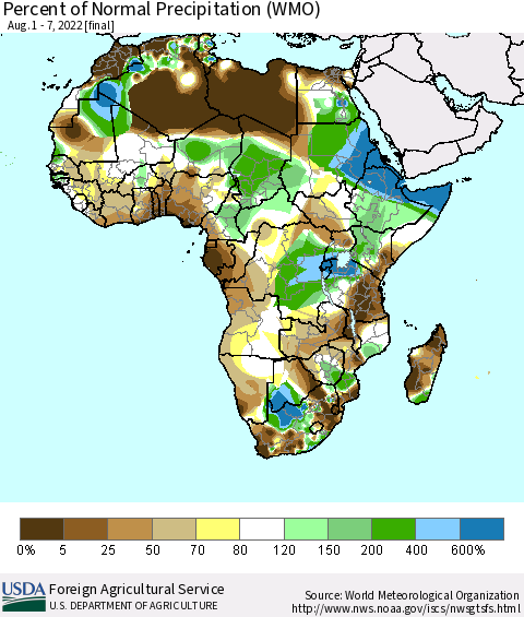 Africa Percent of Normal Precipitation (WMO) Thematic Map For 8/1/2022 - 8/7/2022