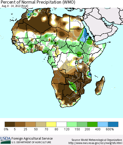 Africa Percent of Normal Precipitation (WMO) Thematic Map For 8/8/2022 - 8/14/2022