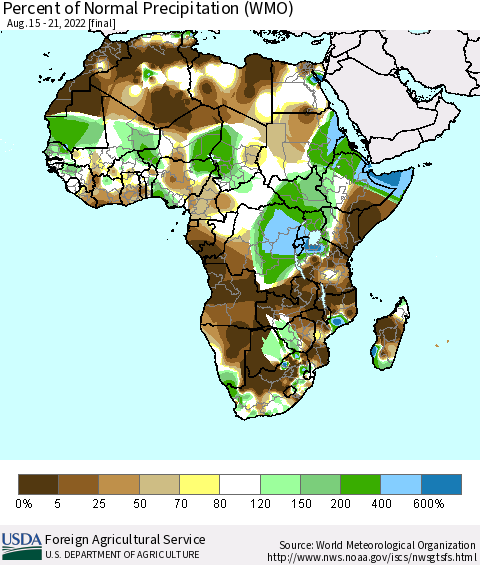 Africa Percent of Normal Precipitation (WMO) Thematic Map For 8/15/2022 - 8/21/2022