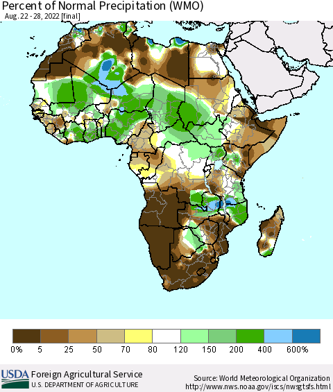 Africa Percent of Normal Precipitation (WMO) Thematic Map For 8/22/2022 - 8/28/2022