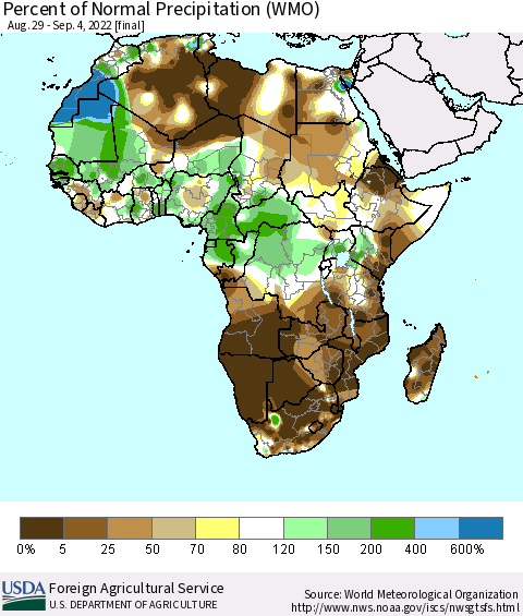 Africa Percent of Normal Precipitation (WMO) Thematic Map For 8/29/2022 - 9/4/2022