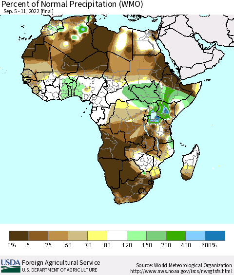 Africa Percent of Normal Precipitation (WMO) Thematic Map For 9/5/2022 - 9/11/2022