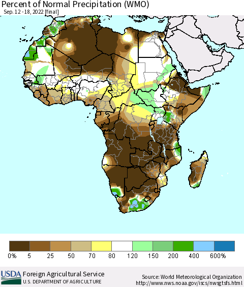 Africa Percent of Normal Precipitation (WMO) Thematic Map For 9/12/2022 - 9/18/2022