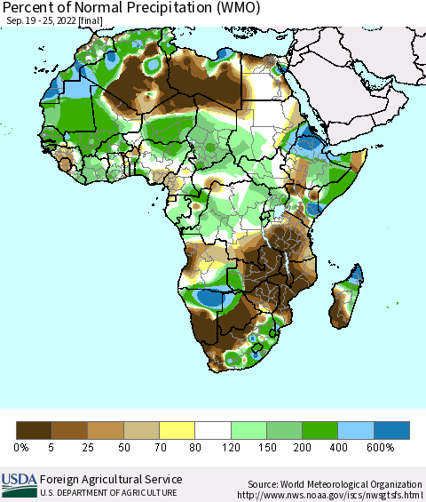 Africa Percent of Normal Precipitation (WMO) Thematic Map For 9/19/2022 - 9/25/2022