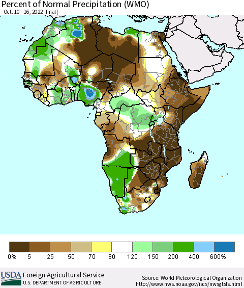 Africa Percent of Normal Precipitation (WMO) Thematic Map For 10/10/2022 - 10/16/2022