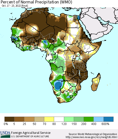 Africa Percent of Normal Precipitation (WMO) Thematic Map For 10/17/2022 - 10/23/2022