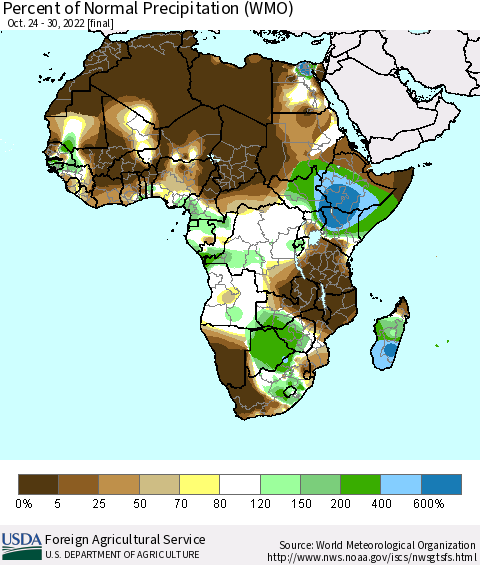 Africa Percent of Normal Precipitation (WMO) Thematic Map For 10/24/2022 - 10/30/2022