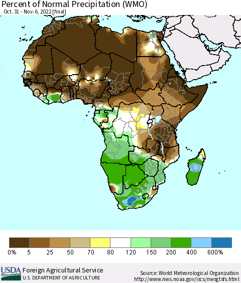 Africa Percent of Normal Precipitation (WMO) Thematic Map For 10/31/2022 - 11/6/2022