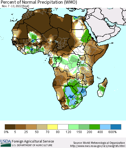Africa Percent of Normal Precipitation (WMO) Thematic Map For 11/7/2022 - 11/13/2022