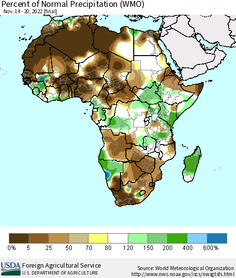Africa Percent of Normal Precipitation (WMO) Thematic Map For 11/14/2022 - 11/20/2022