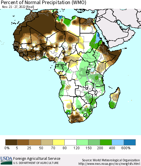 Africa Percent of Normal Precipitation (WMO) Thematic Map For 11/21/2022 - 11/27/2022