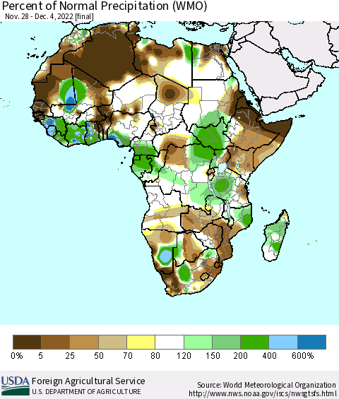 Africa Percent of Normal Precipitation (WMO) Thematic Map For 11/28/2022 - 12/4/2022