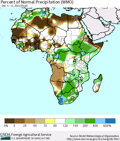 Africa Percent of Normal Precipitation (WMO) Thematic Map For 12/5/2022 - 12/11/2022