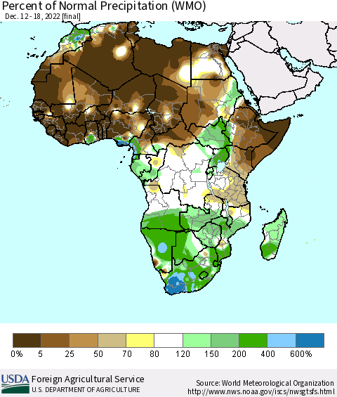 Africa Percent of Normal Precipitation (WMO) Thematic Map For 12/12/2022 - 12/18/2022
