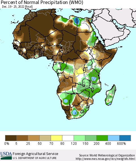 Africa Percent of Normal Precipitation (WMO) Thematic Map For 12/19/2022 - 12/25/2022
