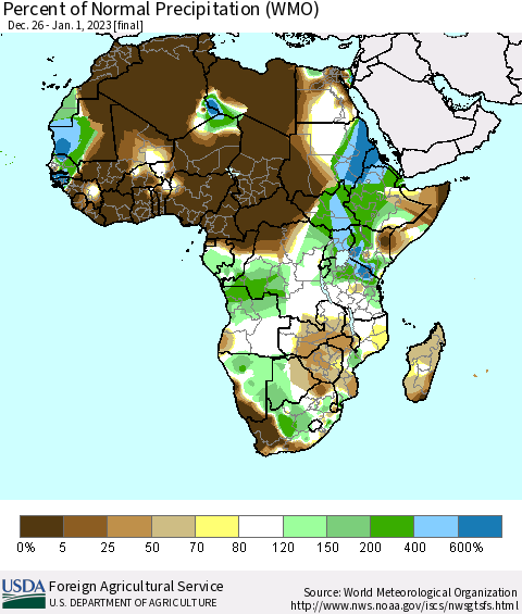 Africa Percent of Normal Precipitation (WMO) Thematic Map For 12/26/2022 - 1/1/2023
