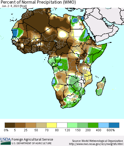 Africa Percent of Normal Precipitation (WMO) Thematic Map For 1/2/2023 - 1/8/2023