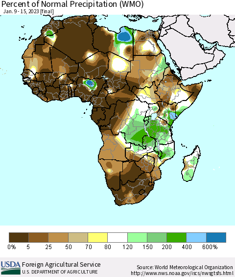 Africa Percent of Normal Precipitation (WMO) Thematic Map For 1/9/2023 - 1/15/2023