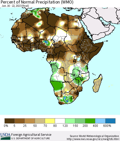 Africa Percent of Normal Precipitation (WMO) Thematic Map For 1/16/2023 - 1/22/2023