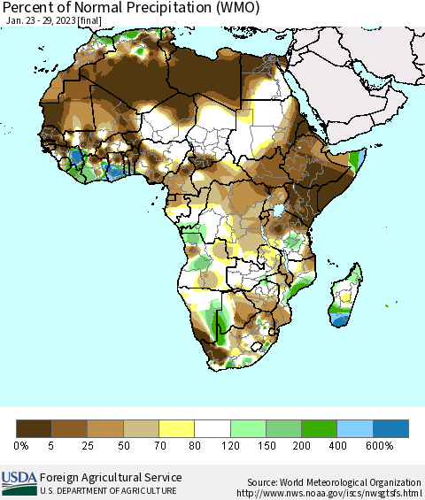 Africa Percent of Normal Precipitation (WMO) Thematic Map For 1/23/2023 - 1/29/2023