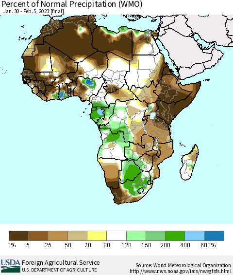 Africa Percent of Normal Precipitation (WMO) Thematic Map For 1/30/2023 - 2/5/2023