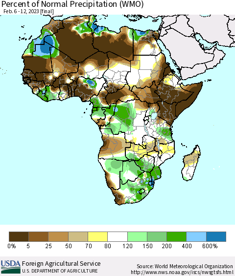 Africa Percent of Normal Precipitation (WMO) Thematic Map For 2/6/2023 - 2/12/2023