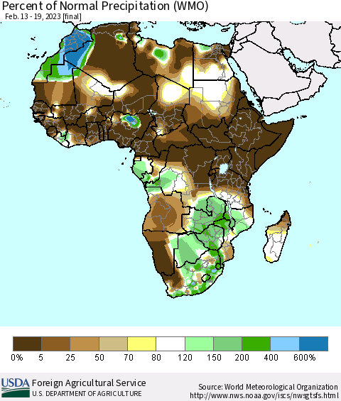 Africa Percent of Normal Precipitation (WMO) Thematic Map For 2/13/2023 - 2/19/2023