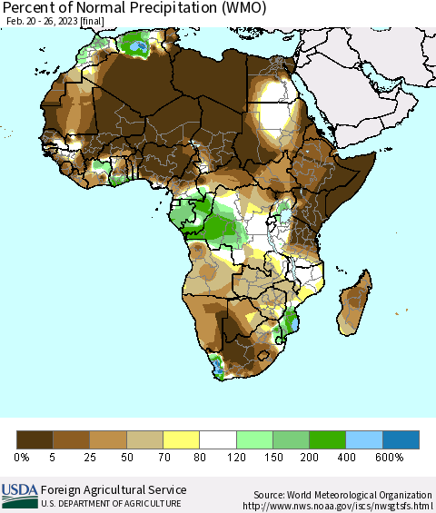Africa Percent of Normal Precipitation (WMO) Thematic Map For 2/20/2023 - 2/26/2023