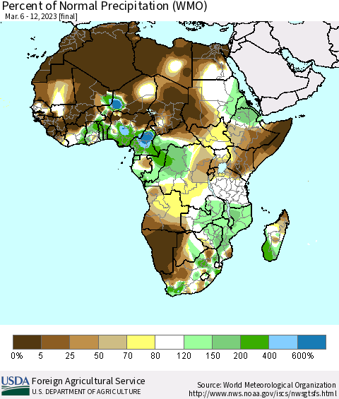 Africa Percent of Normal Precipitation (WMO) Thematic Map For 3/6/2023 - 3/12/2023