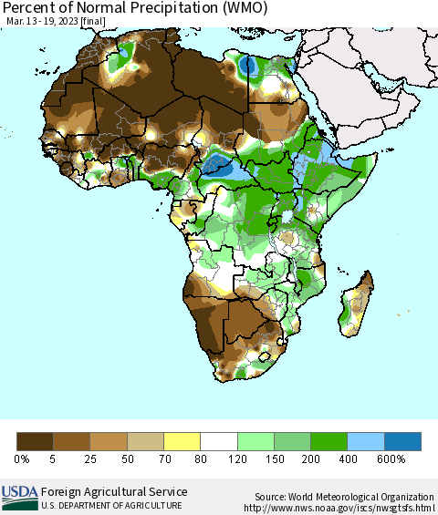 Africa Percent of Normal Precipitation (WMO) Thematic Map For 3/13/2023 - 3/19/2023