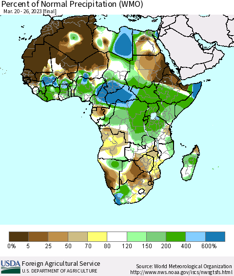 Africa Percent of Normal Precipitation (WMO) Thematic Map For 3/20/2023 - 3/26/2023