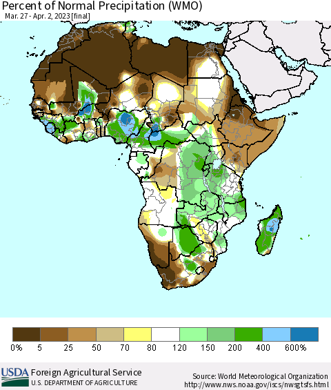 Africa Percent of Normal Precipitation (WMO) Thematic Map For 3/27/2023 - 4/2/2023
