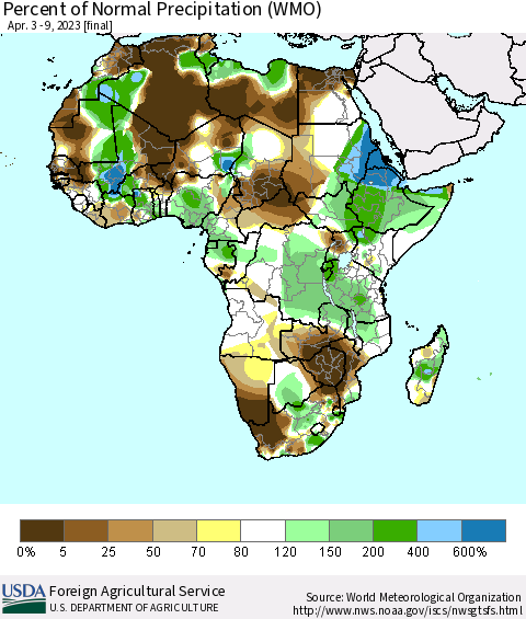Africa Percent of Normal Precipitation (WMO) Thematic Map For 4/3/2023 - 4/9/2023