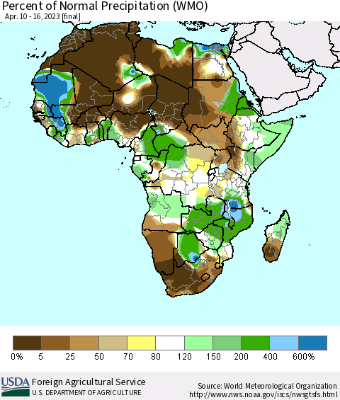 Africa Percent of Normal Precipitation (WMO) Thematic Map For 4/10/2023 - 4/16/2023
